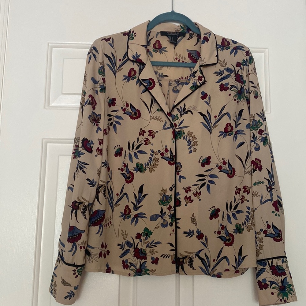 Taupe Blouse with Deep Color Floral Design and Black Detail